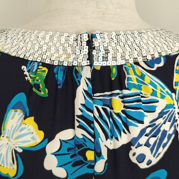 Tory Burch Silk Butterfly Print Dress Size 4 Sequin Neckline Lined Sleeveless - Picture 9 of 10